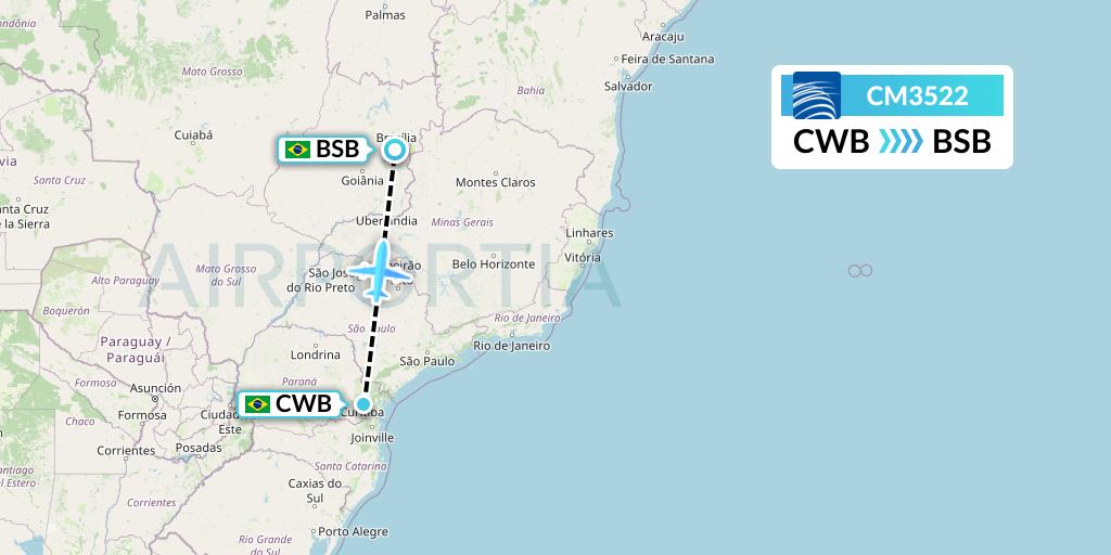 CM3522 Copa Airlines Flight Map: Curitiba to Brasilia
