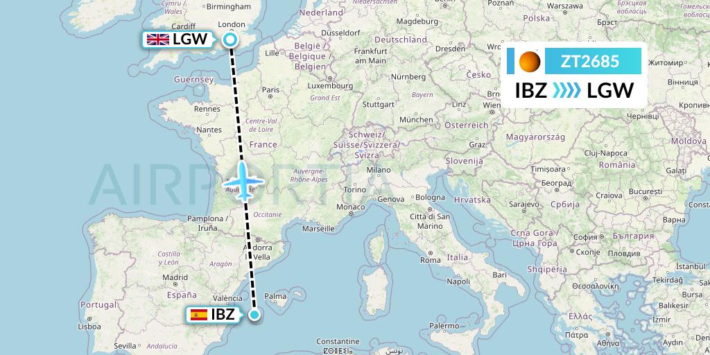 ZT2685 Titan Airways Flight Map: Ibiza to London