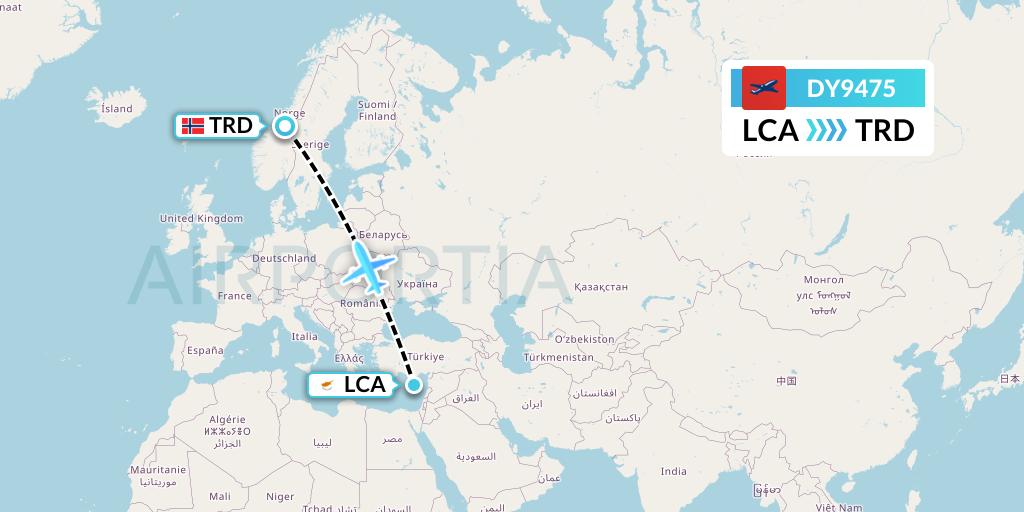 DY9475 Norwegian Flight Map: Larnaca to Trondheim