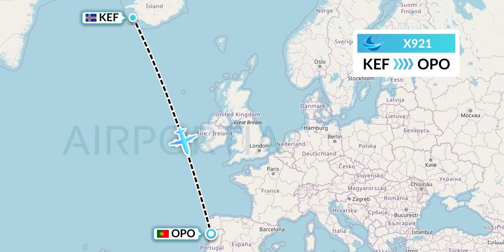 X921 Avion Express Flight Map: Reykjavik to Porto