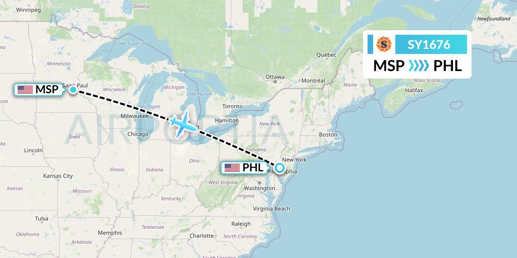 SY1676 Sun Country Airlines Flight Map: Minneapolis to Philadelphia