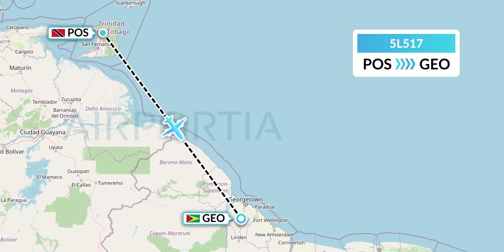 5L517 Fly Salone Airlines Limited Flight Map: Port of Spain to Georgetown
