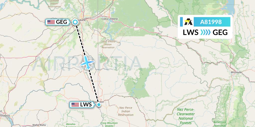 A81998 Aerolink Uganda Flight Map: Lewiston to Spokane
