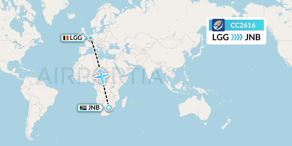CC2616 CM Airlines Flight Map: Liege to Johannesburg