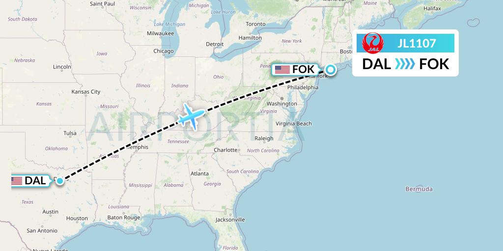 JL1107 Japan Airlines Flight Map: Dallas to Westhampton Beach