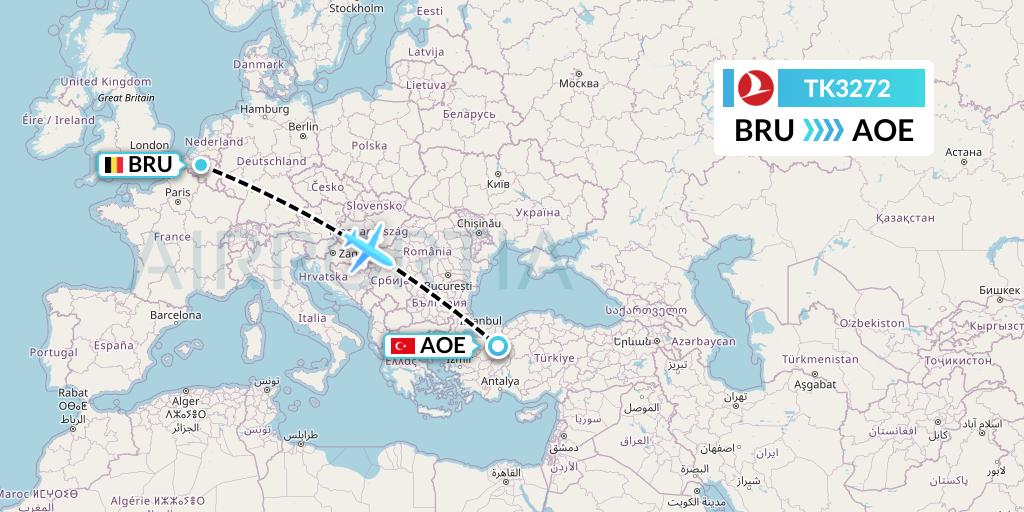 TK3272 Turkish Airlines Flight Map: Brussels to Eskisehir