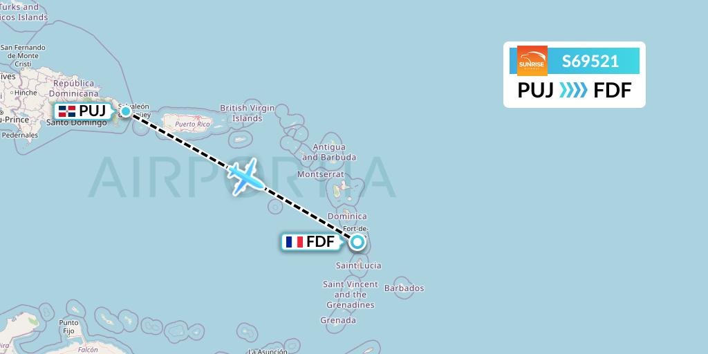S69521 Sunrise Airways Flight Map: Punta Cana to Fort-de-France