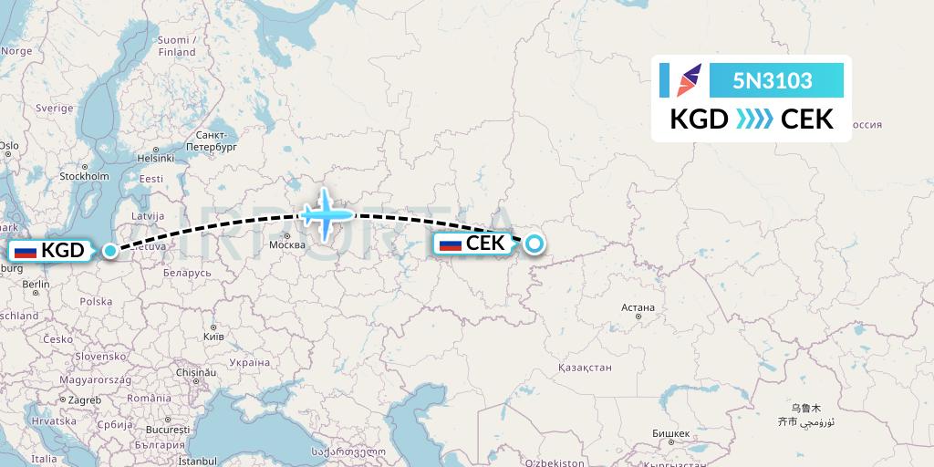 5N3103 Nordavia Flight Map: Kaliningrad to Chelyabinsk