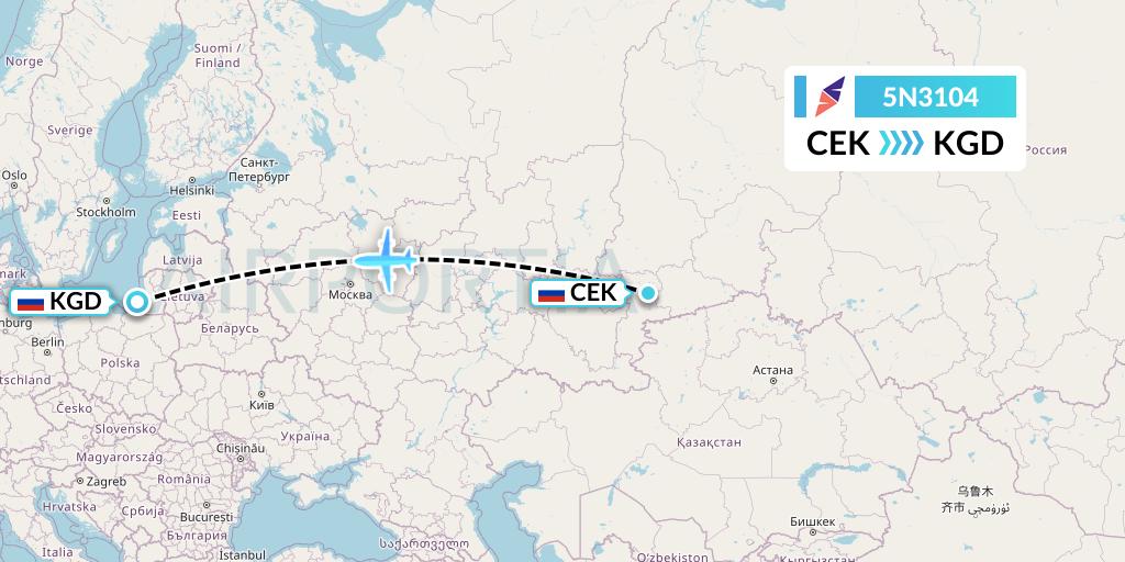 5N3104 Nordavia Flight Map: Chelyabinsk to Kaliningrad