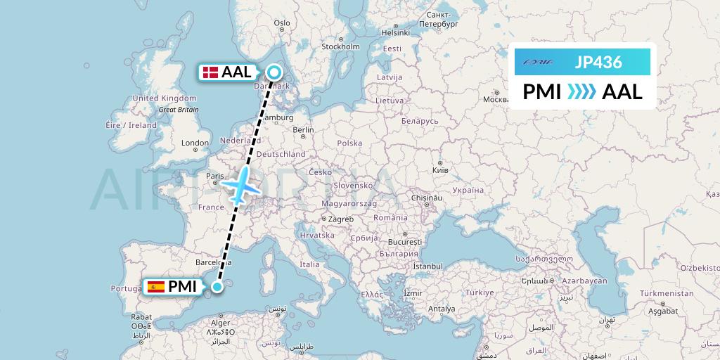JP436 Adria Airways Flight Map: Palma de Mallorca to Aalborg