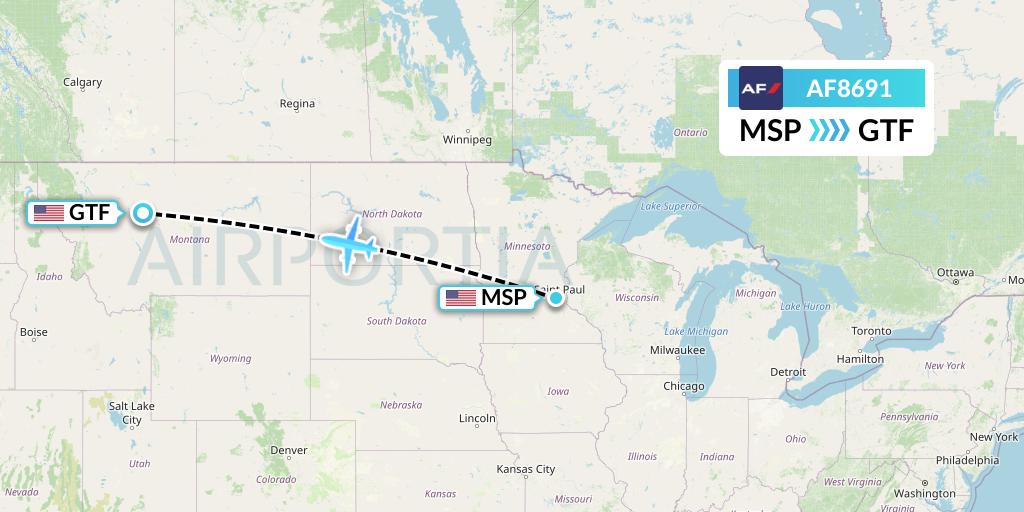 AF8691 Air France Flight Map: Minneapolis to Great Falls