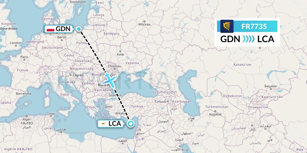 FR7735 Ryanair Flight Map: Gdansk to Larnaca
