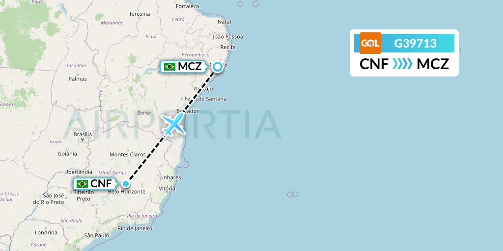 G39713 GOL Transportes Aeros Flight Map: Belo Horizonte to Maceio