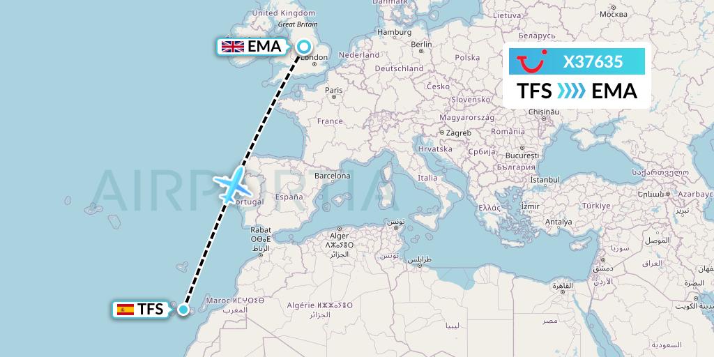X37635 TUI fly Germany Flight Map: Tenerife to East Midlands