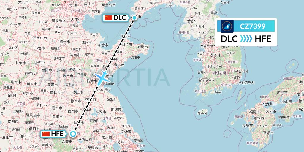CZ7399 China Southern Airlines Flight Map: Dalian to Hefei