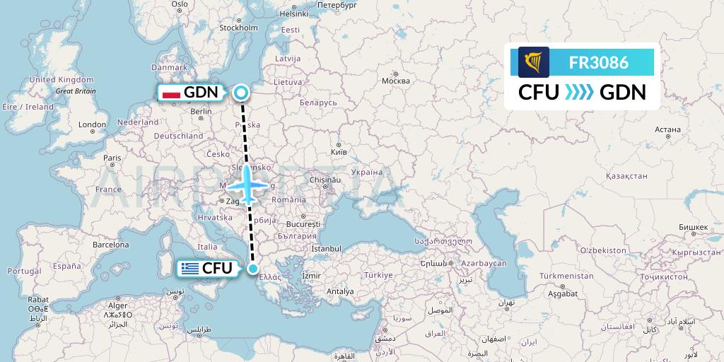 FR3086 Ryanair Flight Map: Corfu to Gdansk