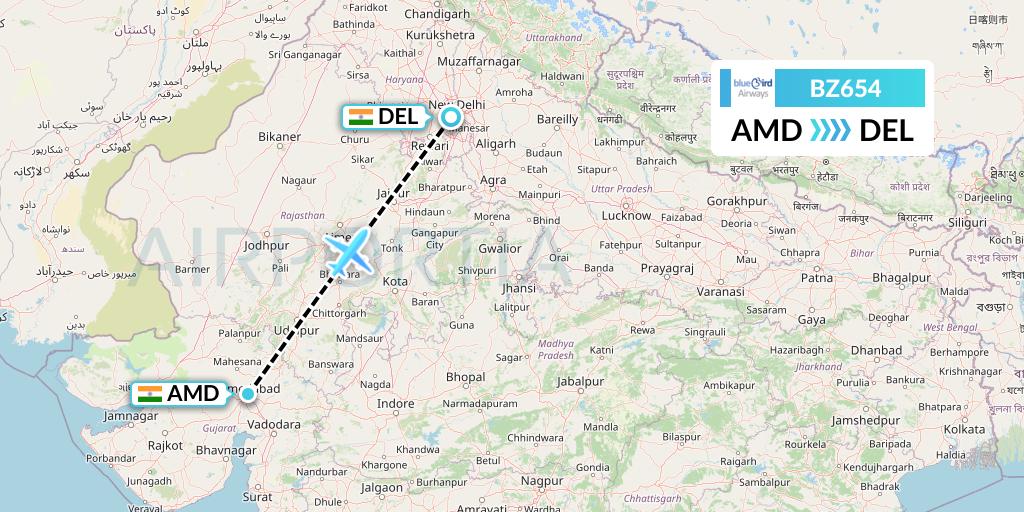 BZ654 Bluebird Airways Flight Map: Ahmedabad to Delhi