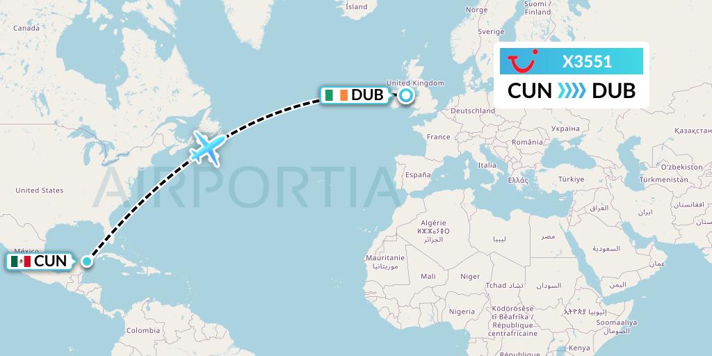 X3551 TUI fly Germany Flight Map: Cancun to Dublin