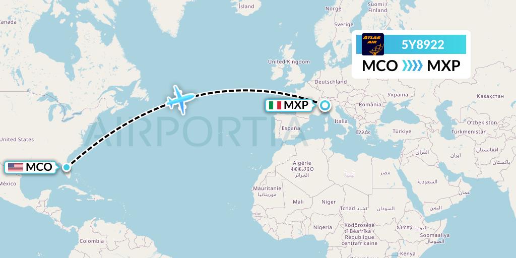 5Y8922 Atlas Air Flight Map: Orlando to Milan
