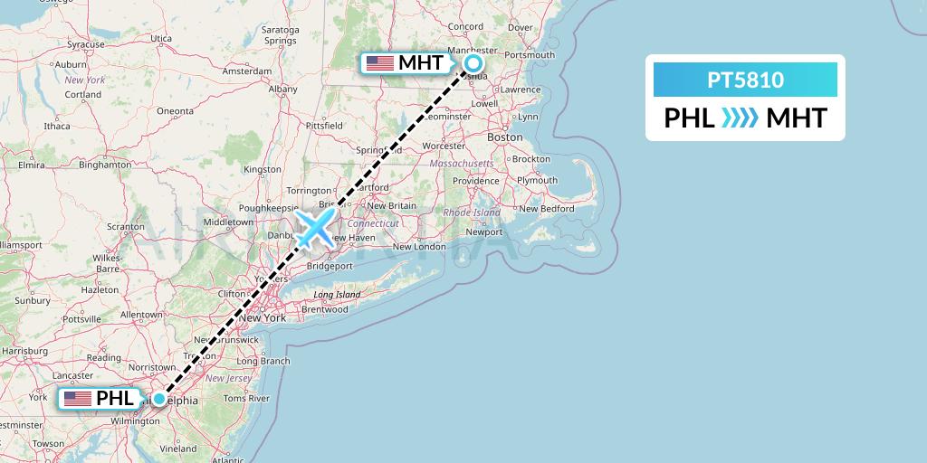 PT5810 Piedmont Airlines Flight Map: Philadelphia to Manchester