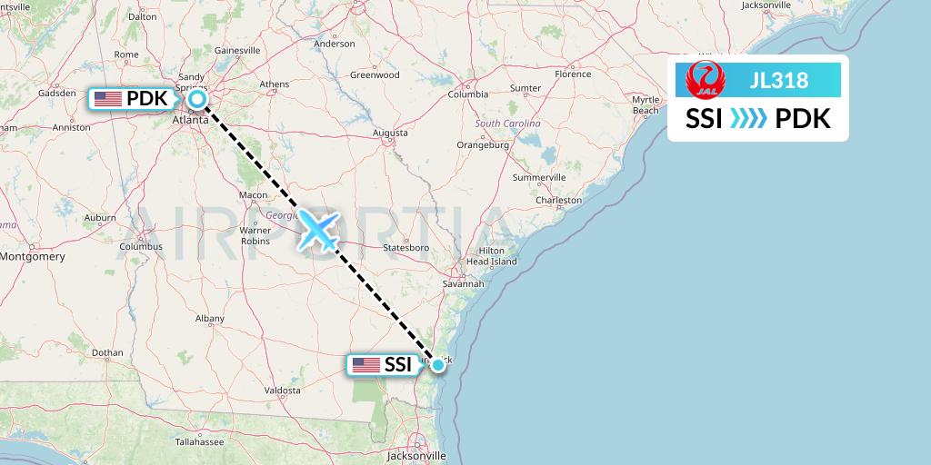 JL318 Japan Airlines Flight Map: Brunswick to Atlanta
