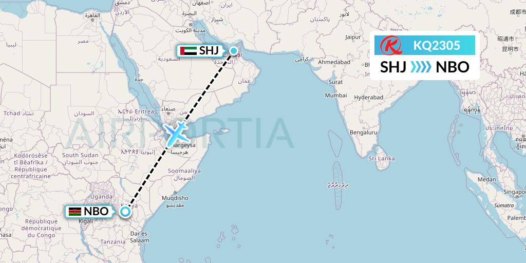 KQ2305 Kenya Airways Flight Map: Sharjah to Nairobi