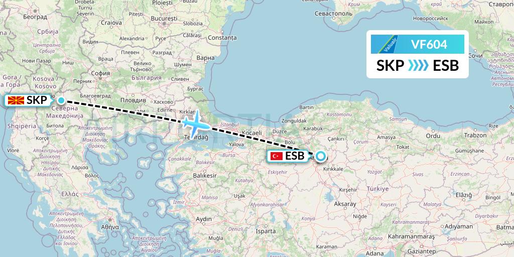 VF604 ValuAir Flight Map: Skopje to Ankara