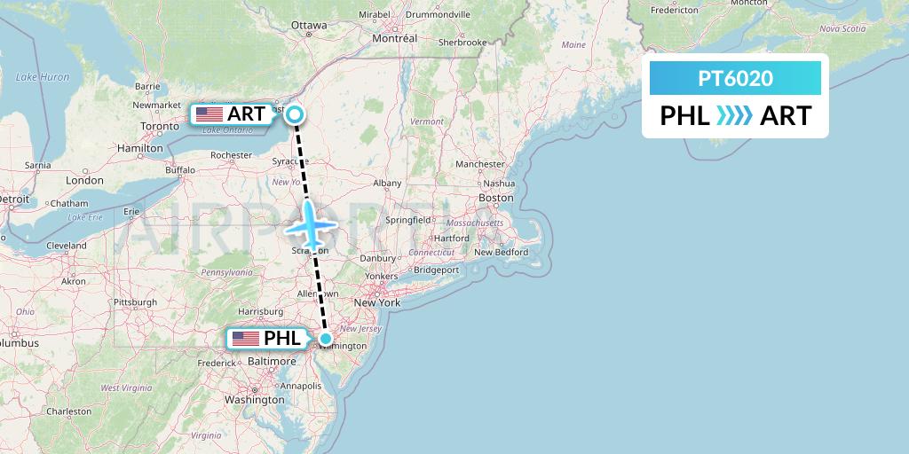 PT6020 Piedmont Airlines Flight Map: Philadelphia to Watertown