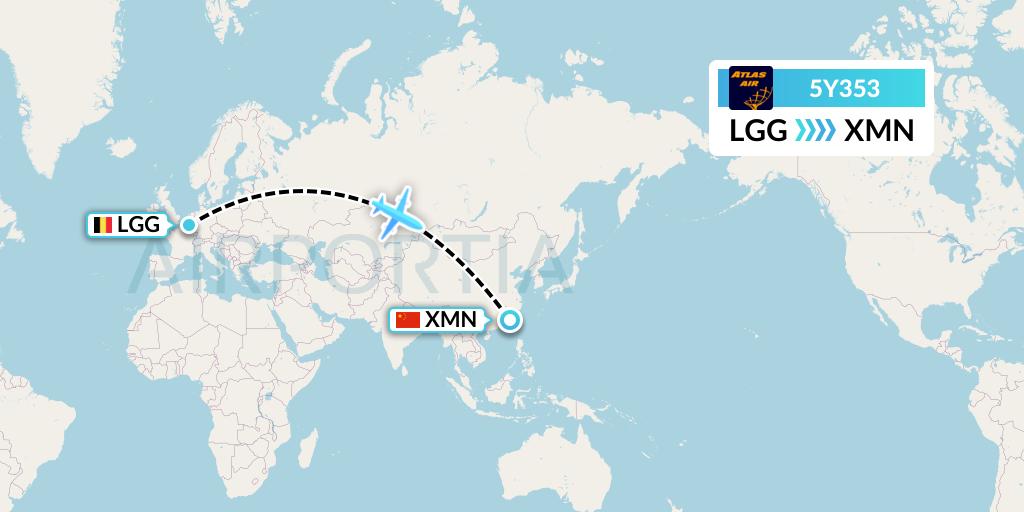 5Y353 Atlas Air Flight Map: Liege to Xiamen
