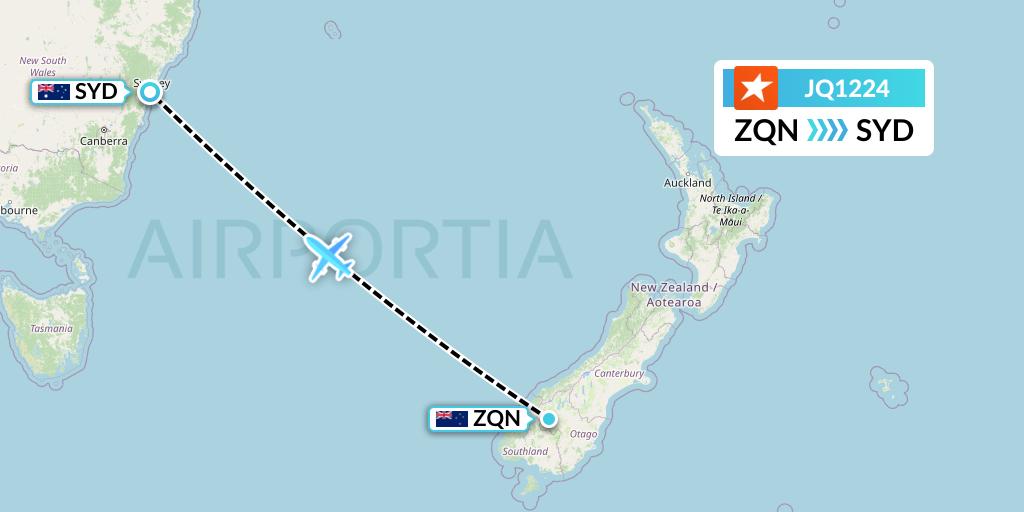 JQ1224 Jetstar Airways Flight Map: Queenstown to Sydney