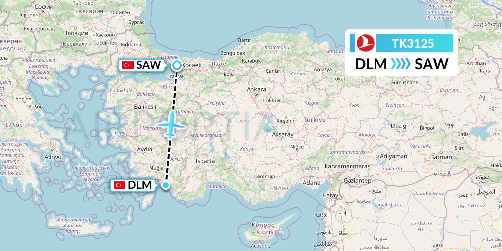 TK3125 Turkish Airlines Flight Map: Dalaman to Istanbul