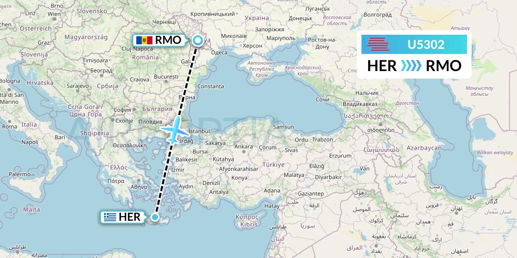 U5302 Karinou Airlines Flight Map: Heraklion to Chisinau