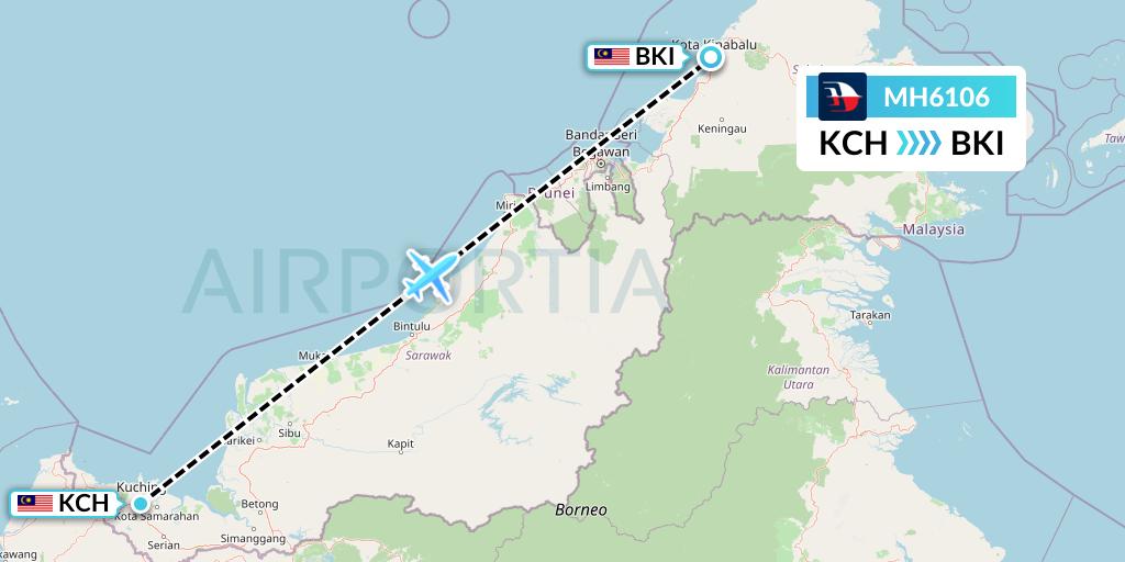 MH6106 Malaysia Airlines Flight Map: Kuching to Kota Kinabalu