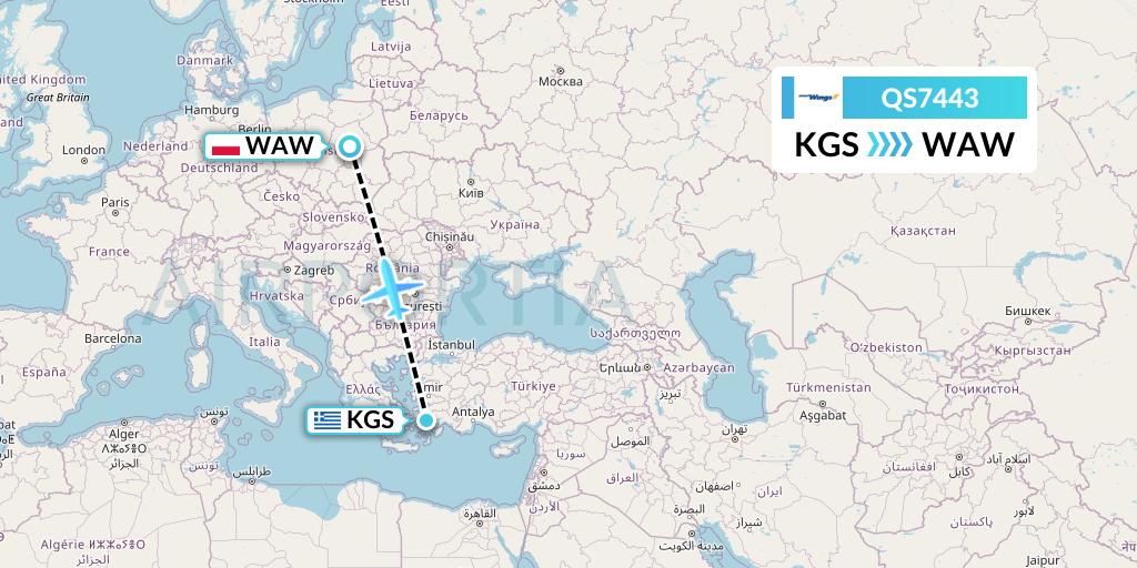 QS7443 Smartwings Flight Map: Kos to Warsaw