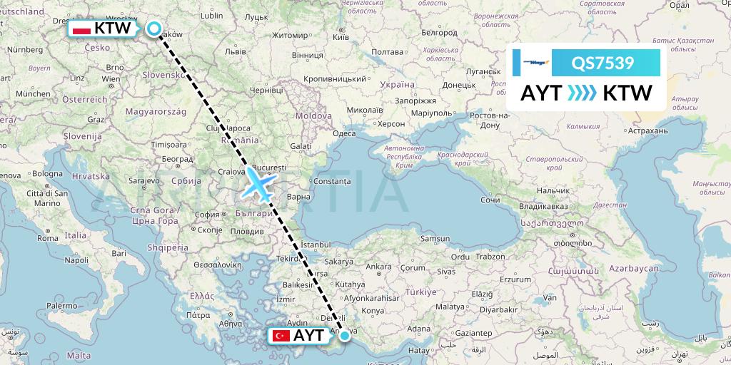 QS7539 Smartwings Flight Map: Antalya to Katowice