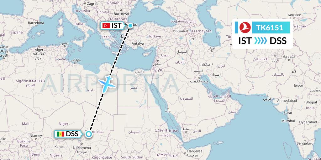 TK6151 Turkish Airlines Flight Map: Istanbul to Dakar