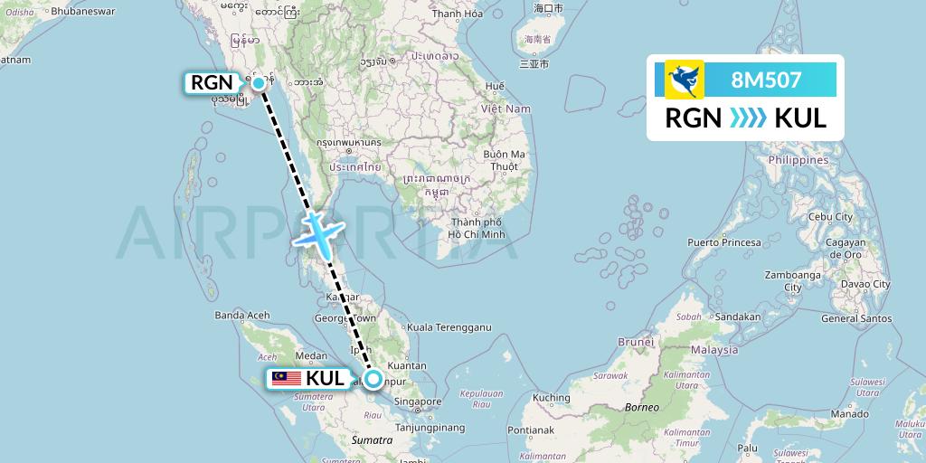 8M507 Myanmar Airways International Flight Map: Yangon to Kuala Lumpur