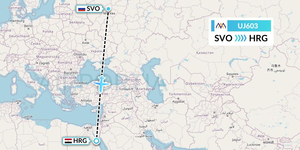 UJ603 AlMasria Universal Airlines Flight Map: Moscow to Hurghada