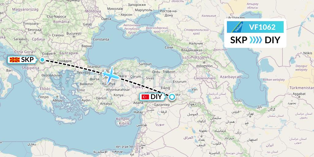 VF1062 ValuAir Flight Map: Skopje to Diyarbakir