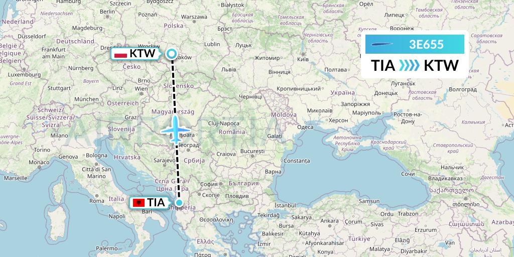3E655 Air Choice One Flight Map: Tirana to Katowice