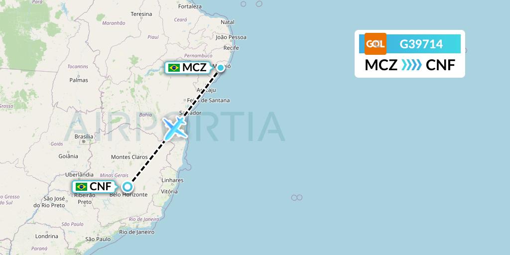 G39714 GOL Transportes Aeros Flight Map: Maceio to Belo Horizonte
