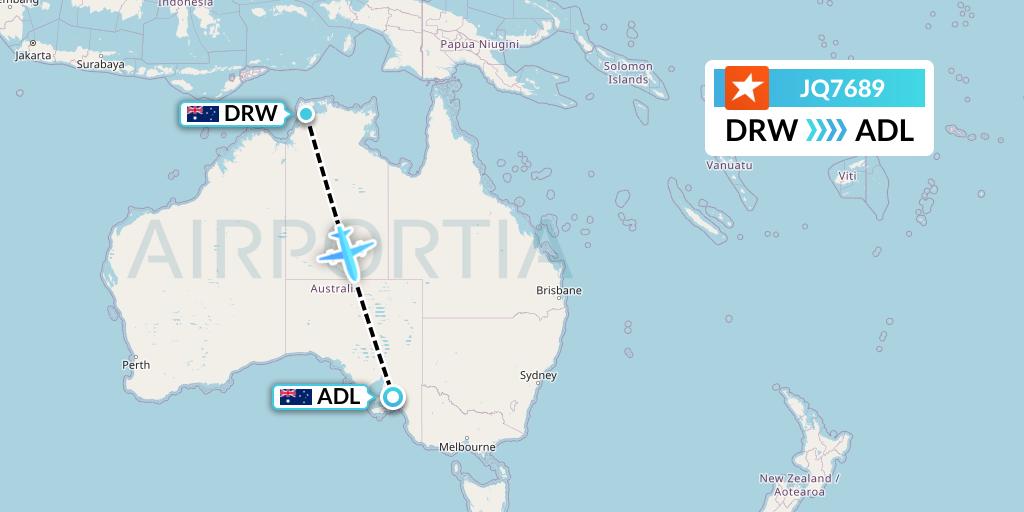 JQ7689 Jetstar Airways Flight Map: Darwin to Adelaide