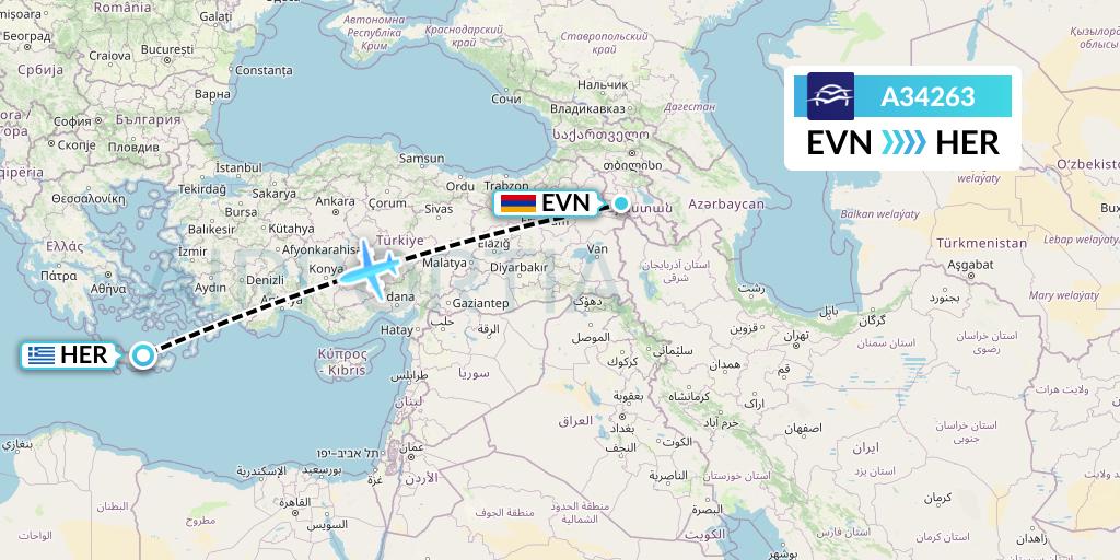 A34263 Aegean Airlines Flight Map: Yerevan to Heraklion