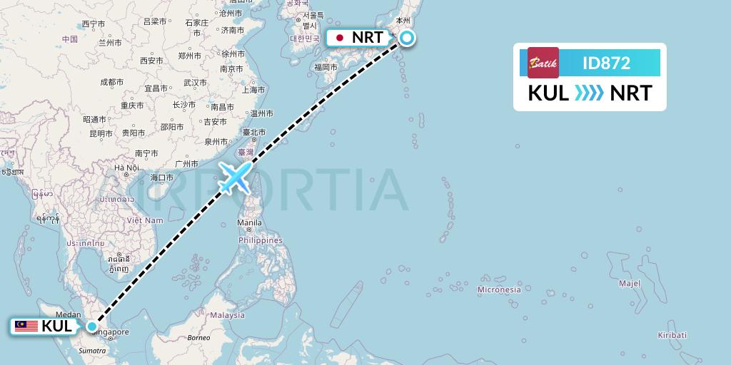 ID872 Batik Air Flight Map: Kuala Lumpur to Tokyo