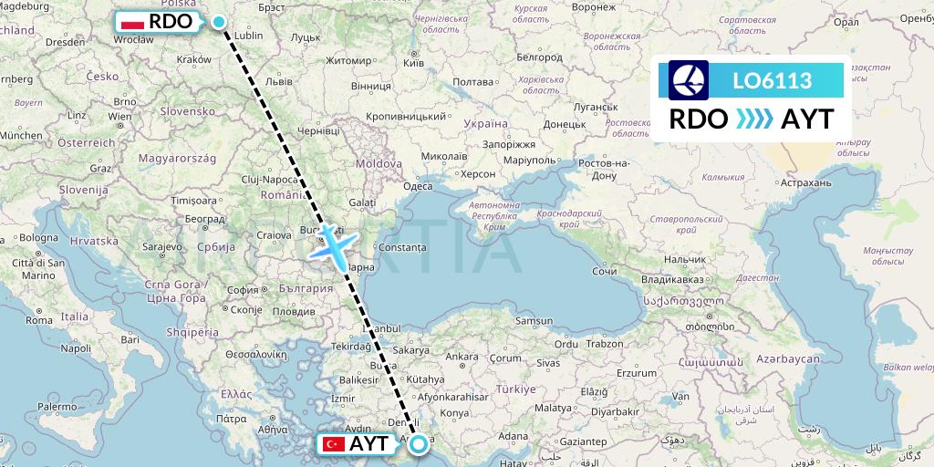 LO6113 LOT Flight Map: Radom to Antalya