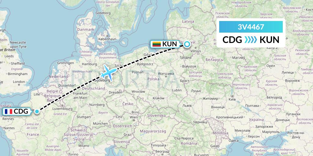 3V4467 ASL Airlines Belgium Flight Map: Paris to Kaunas