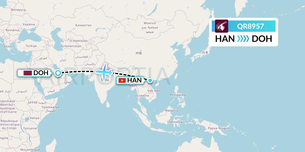 QR8957 Qatar Airways Flight Map: Hanoi to Doha