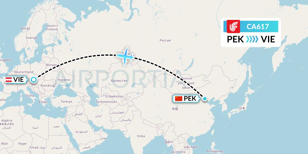 CA617 Air China Flight Map: Beijing to Vienna