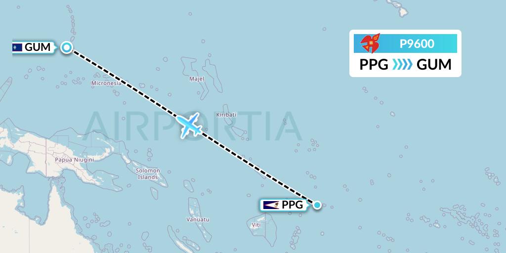 P9600 Asia Pacific Airlines Flight Map: Pago Pago to Guam