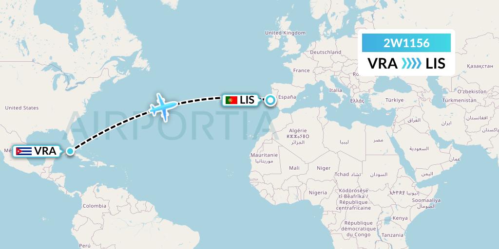 2W1156 World 2 Fly Flight Map: Varadero to Lisbon